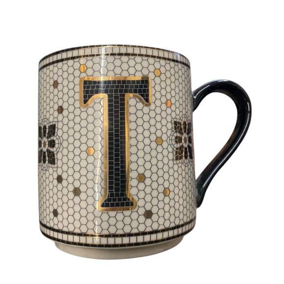 Anthropologie initial letter T Mug Black Gold Honeycomb Mosaic Tile Mug - Picture 2 of 6